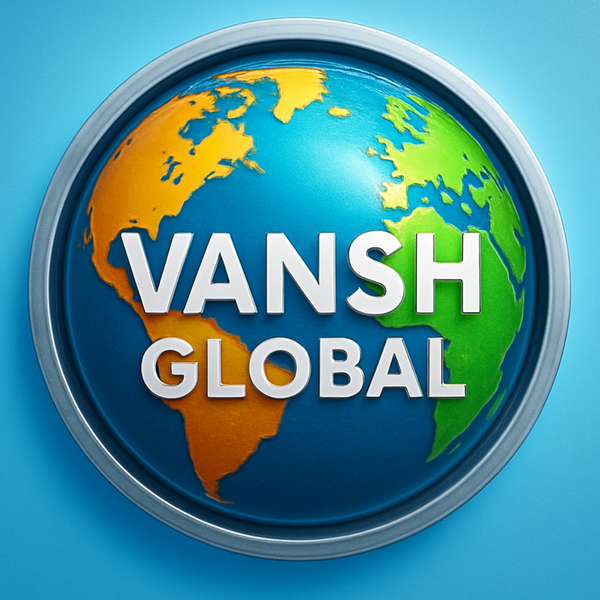 Vansh Global logo with a stylized globe on a blue background
